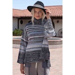 POL Heather Black Gray Blue Striped Relaxed Fit Turtleneck Sweater